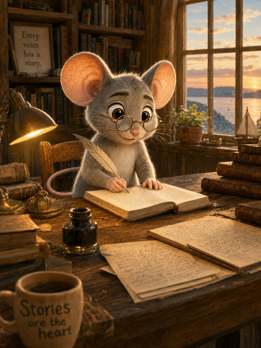 A small mouse with spectacles writing at a wooden desk by lamplight