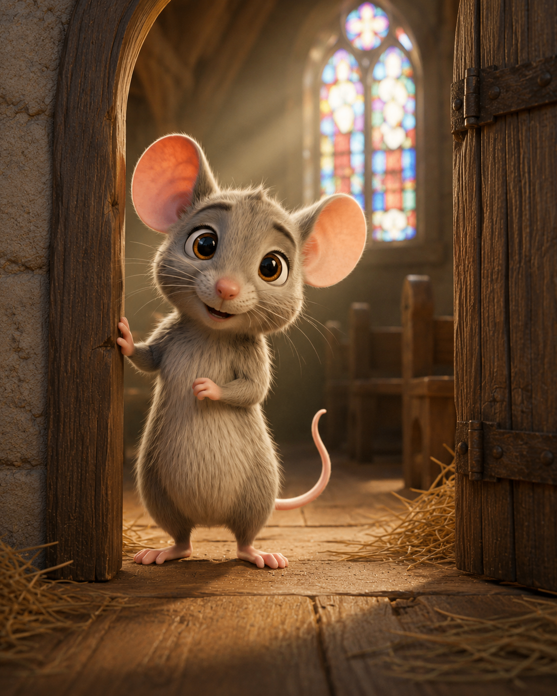 Amos the church mouse peeking through a chapel doorway with a stained-glass window behind him