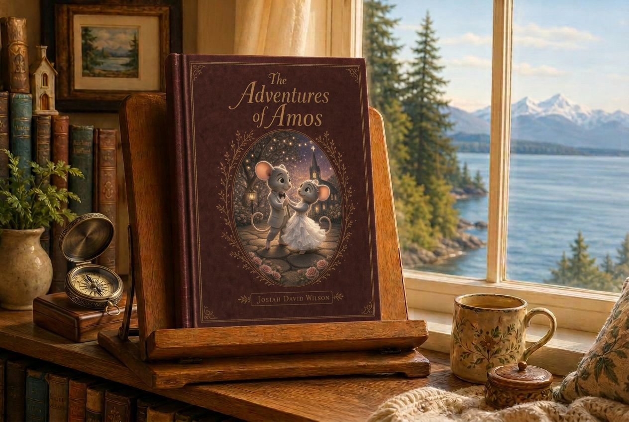The Adventures of Amos hardcover on a wooden bookstand beside a brass compass, by a window overlooking the Puget Sound