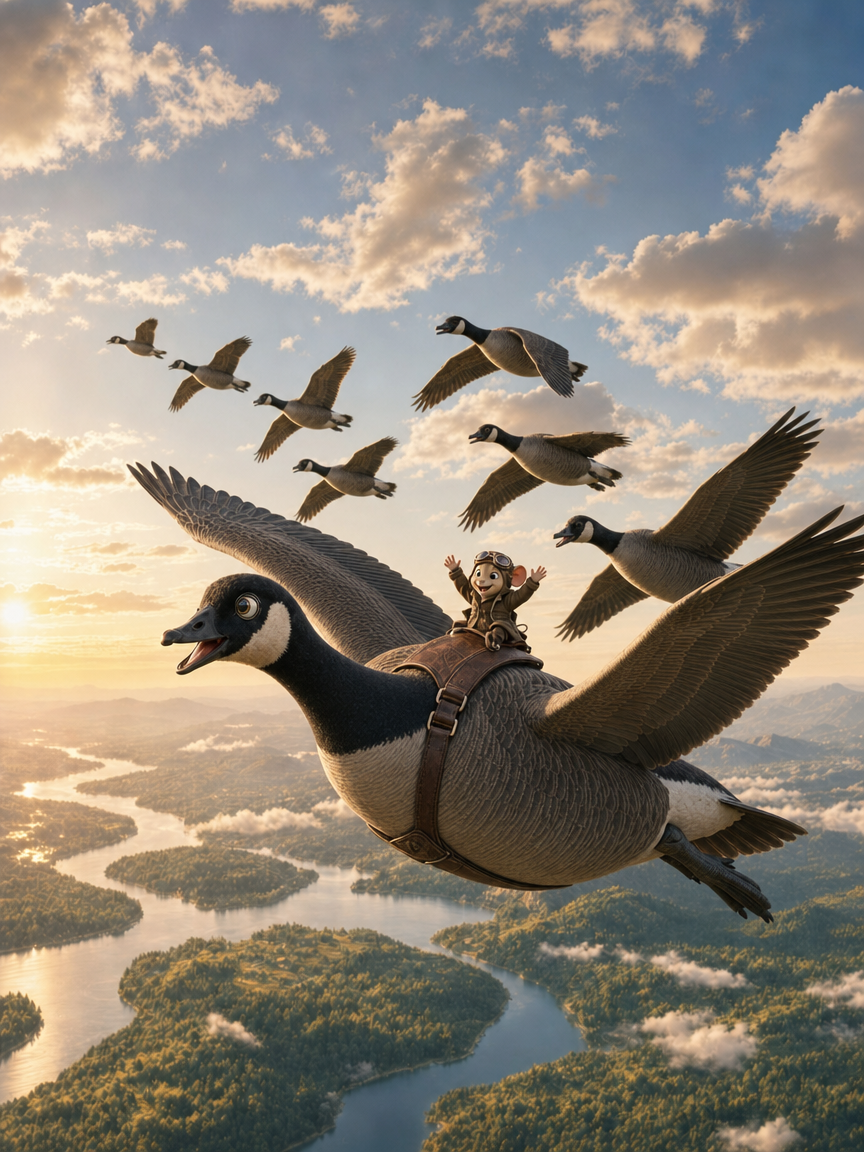 Amos the church mouse flying through the sky on the back of a goose with a flock overhead