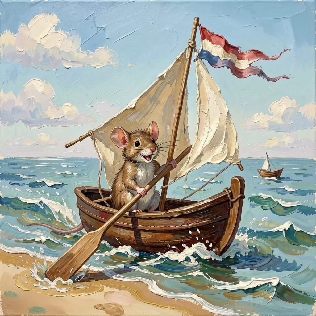 Amos sailing his little boat across painted seas